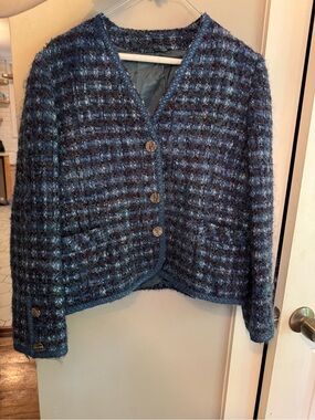 Vintage Donegal Design Irish Handwoven Mohair Cardigan Jacket Blue Tweed Ireland